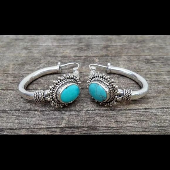 Tibetian silver and turquoise boho small hoop earrings new - Picture 4 of 9